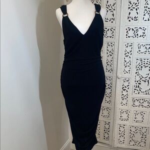 Vintage Versace black , gold Ring on the Shoulder V-Neck Midi Dress